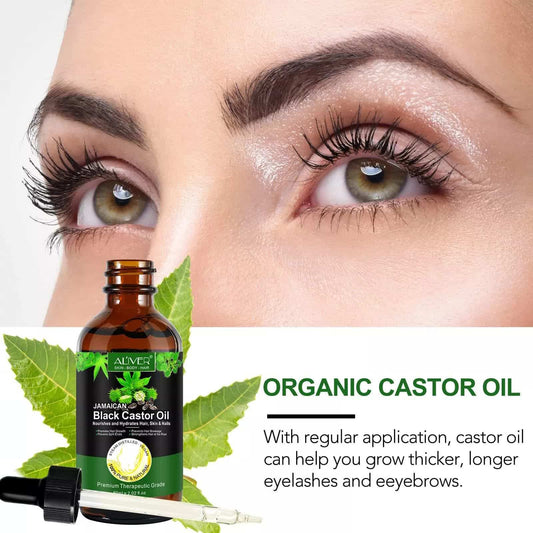 Castor oil bottle with dropper, amber glass and green leaf label