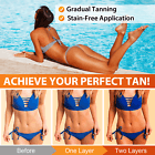 Bronzing tanning gel jar beside model in bikini before-and-after panels