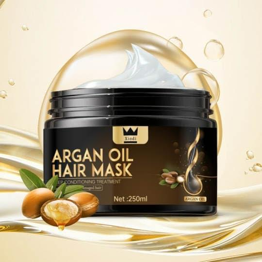 Argan oil hair mask jar with black lid and gold label, Net 250 ml