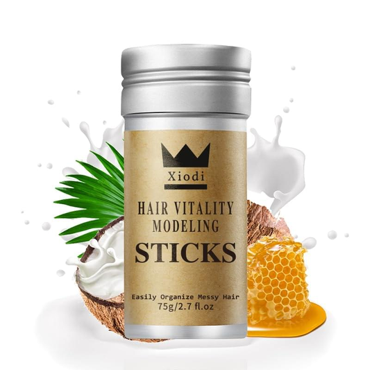 Hair vitality modeling sticks wax container with silver cap and beige Xiodi label