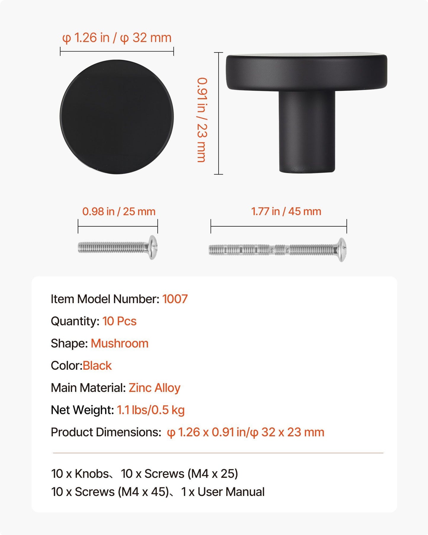 Cabinet Knobs, 10 Pack, 32 mm Black Zinc Alloy Drawer Pulls & Door Handles, Mushroom Kitchen Solid Knobs Dresser Handles, Cupboard Hardware with Screws for Bathroom Closet Cabinets and Drawers