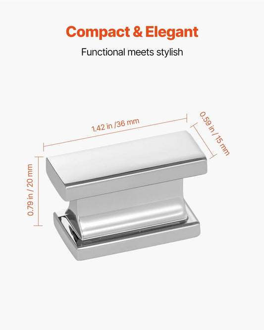 Rectangular chrome cabinet knob, zinc alloy hardware with size markings and screw holes