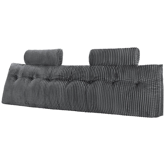 Grey king wedge headboard pillow with two rolled headrests and ribbed flannel fabric.
