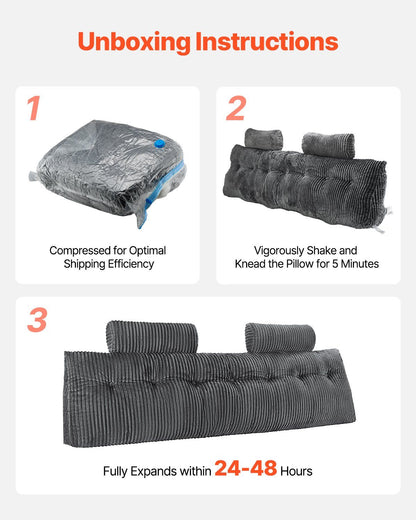 Headboard Pillow, King Size Wedge Headboard Pillow with 2 Side Pockets and 2 Headrests, Bed Wedge Pillow with Washable Flannel Cloth, for Reading, Gaming, Resting, Working in Bed, Grey