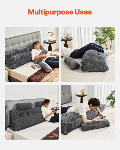 Headboard Pillow, King Size Wedge Headboard Pillow with 2 Side Pockets and 2 Headrests, Bed Wedge Pillow with Washable Flannel Cloth, for Reading, Gaming, Resting, Working in Bed, Grey