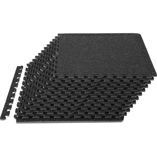 Stack of interlocking workout mats, dark speckled rubber-top EVA foam with edge tabs