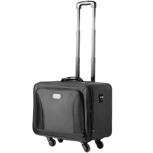 Black rolling makeup train case with telescoping handle and front zip pocket