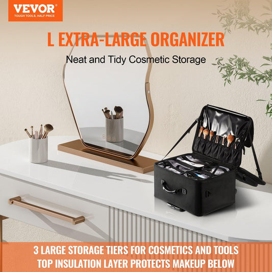 Black makeup train case open with brush holder and organizer compartments