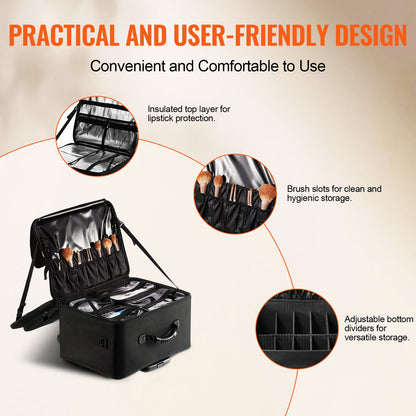 Rolling Makeup Train Case Large Storage 3 Tiers, Convenient Carry With Handle, Wheels, Strap, Professional Makeup Storage Organizer Box Make Up Carrier Waterproof Oxford, Black
