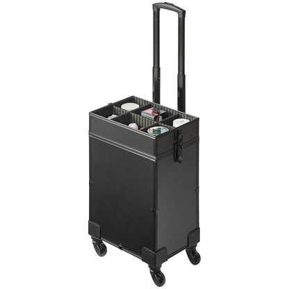 5 in 1 Professional Makeup Train Case Aluminum Cosmetic Case, Rolling Makeup Case Extra Large Trolley Makeup Travel Organizer, with 360° Swivel Wheels & Adjustable Pull Rod, Black