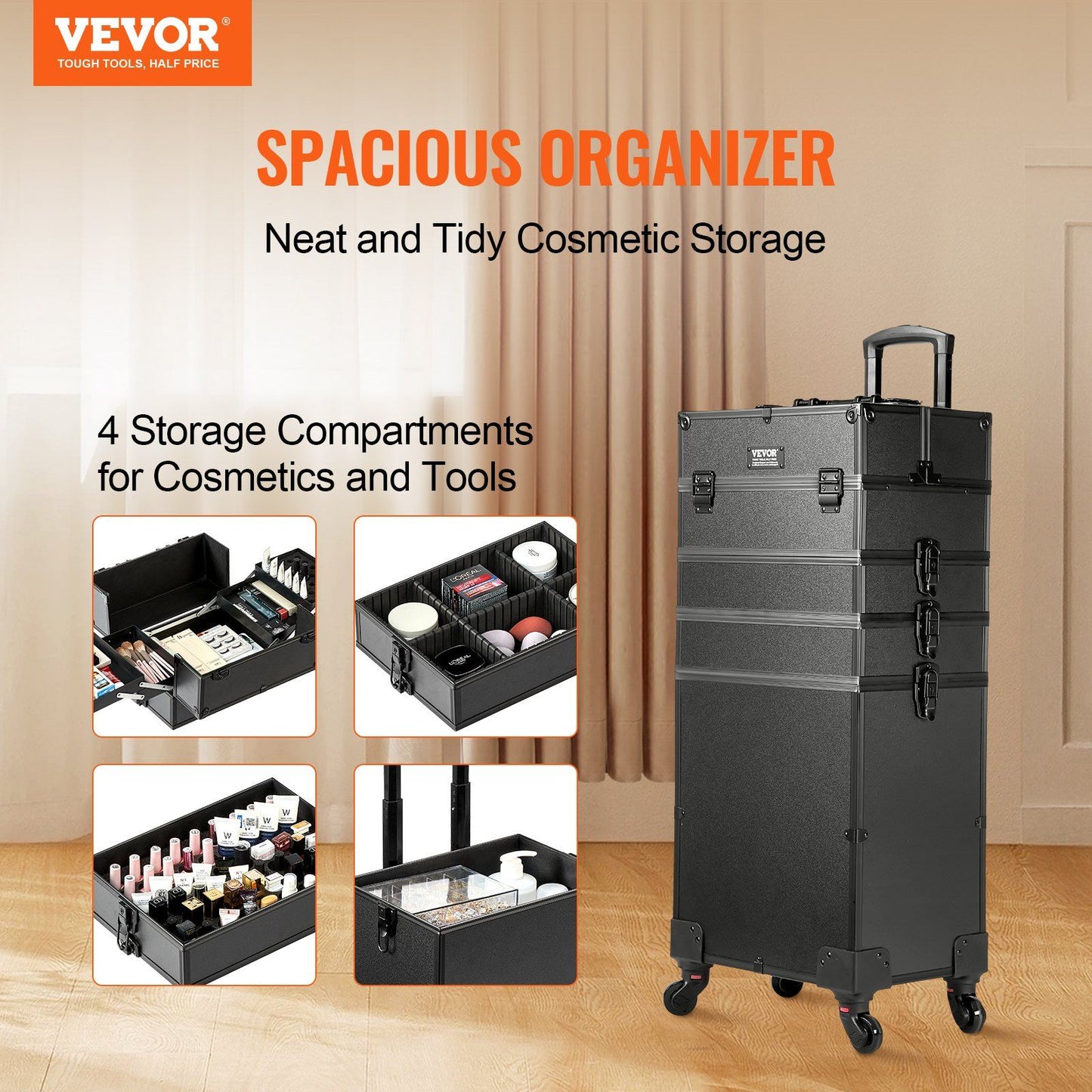 5 in 1 Professional Makeup Train Case Aluminum Cosmetic Case, Rolling Makeup Case Extra Large Trolley Makeup Travel Organizer, with 360° Swivel Wheels & Adjustable Pull Rod, Black