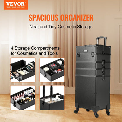 5 in 1 Professional Makeup Train Case Aluminum Cosmetic Case, Rolling Makeup Case Extra Large Trolley Makeup Travel Organizer, with 360° Swivel Wheels & Adjustable Pull Rod, Black