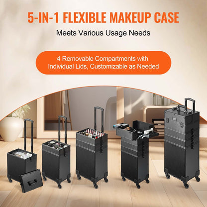 5 in 1 Professional Makeup Train Case Aluminum Cosmetic Case, Rolling Makeup Case Extra Large Trolley Makeup Travel Organizer, with 360° Swivel Wheels & Adjustable Pull Rod, Black