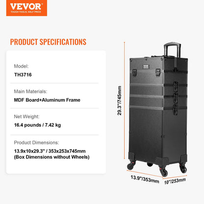 5 in 1 Professional Makeup Train Case Aluminum Cosmetic Case, Rolling Makeup Case Extra Large Trolley Makeup Travel Organizer, with 360° Swivel Wheels & Adjustable Pull Rod, Black