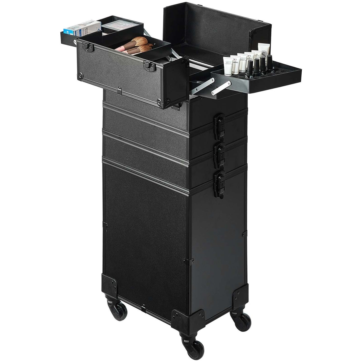 5 in 1 Professional Makeup Train Case Aluminum Cosmetic Case, Rolling Makeup Case Extra Large Trolley Makeup Travel Organizer, with 360° Swivel Wheels & Adjustable Pull Rod, Black