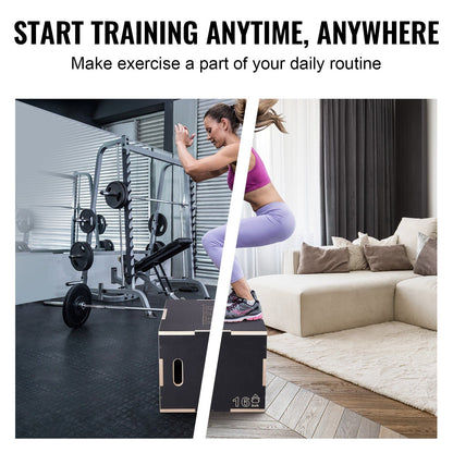 3 in 1 Plyometric Jump Box, 24/20/16 Inch Wooden Plyo Box, Platform & Jumping Agility Box, Anti-Slip Fitness Exercise Step Up Box for Home Gym Training, Conditioning Strength Training, Black