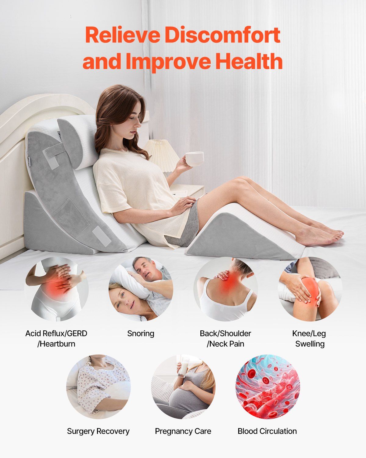Wedge Pillow for Sleeping, 4 Pcs Adjustable Orthopedic Bed Wedge Set, Support Leg Neck Shoulder, Post Surgery Pillow for Back Pain, Acid Reflux, Snoring Relief, Sitting up in Bed, White/Grey
