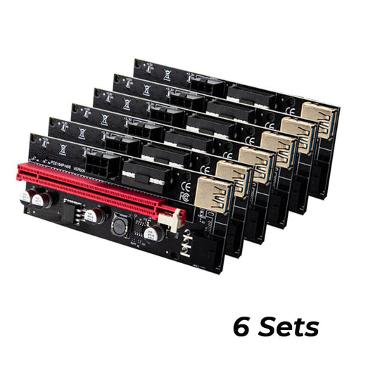 PCIe riser extender kit with six gold-plated PCIe slot boards, stacked view