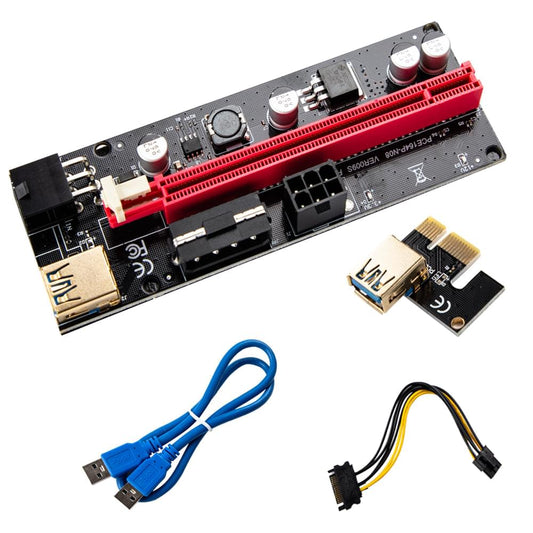 PCIe riser extender board with red PCIe slot and included USB3 and power cables