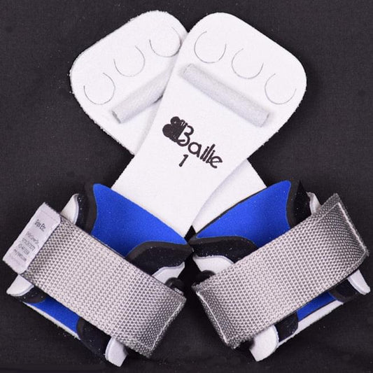 Bailie high bar dowel grip pair with white pads, blue undersides, gray web straps