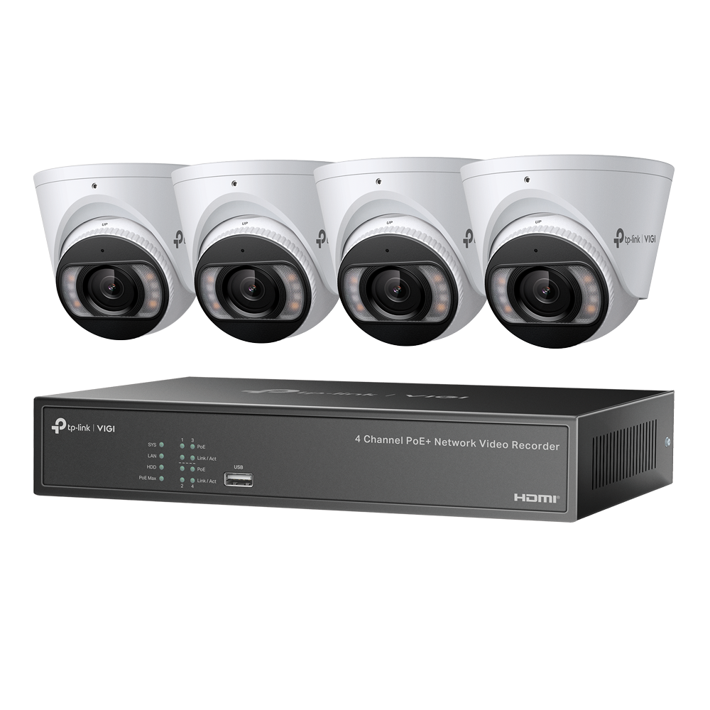 TP‑Link VIGI NK4P‑T4425‑2T 4 MP Full‑Color Turret IP Camera & 4‑Channel PoE+ NVR Camera Kit – Plug‑and‑Play, 2 TB HDD, Human/Vehicle AI, IP67, 30 m IR & White Light