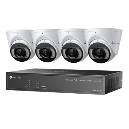 TP‑Link VIGI NK4P‑T4425‑2T 4 MP Full‑Color Turret IP Camera & 4‑Channel PoE+ NVR Camera Kit – Plug‑and‑Play, 2 TB HDD, Human/Vehicle AI, IP67, 30 m IR & White Light