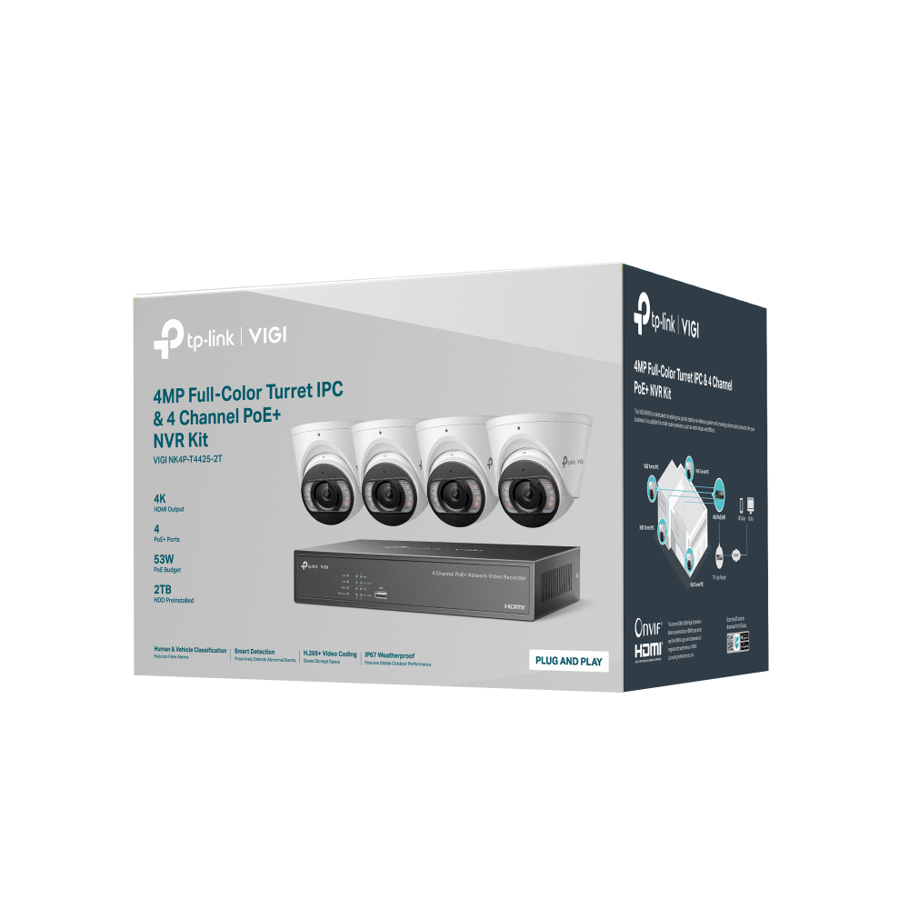 TP‑Link VIGI NK4P‑T4425‑2T 4 MP Full‑Color Turret IP Camera & 4‑Channel PoE+ NVR Camera Kit – Plug‑and‑Play, 2 TB HDD, Human/Vehicle AI, IP67, 30 m IR & White Light
