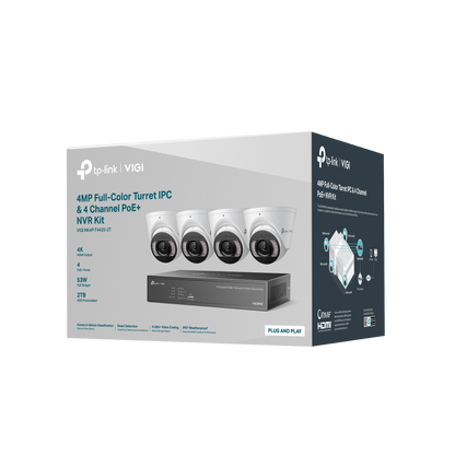 TP‑Link VIGI NK4P‑T4425‑2T 4 MP Full‑Color Turret IP Camera & 4‑Channel PoE+ NVR Camera Kit – Plug‑and‑Play, 2 TB HDD, Human/Vehicle AI, IP67, 30 m IR & White Light