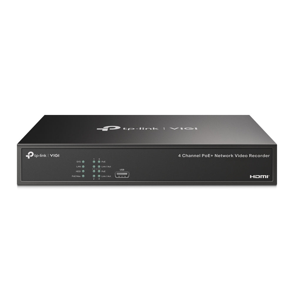 TP-Link VIGI NVR1004H-4P 4 Channel PoE+ Network Video Recorder – 4K HDMI Output, 53W PoE Budget, H.265+, 10TB HDD Support
