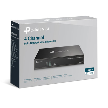 TP-Link VIGI NVR1004H-4P 4 Channel PoE+ Network Video Recorder – 4K HDMI Output, 53W PoE Budget, H.265+, 10TB HDD Support