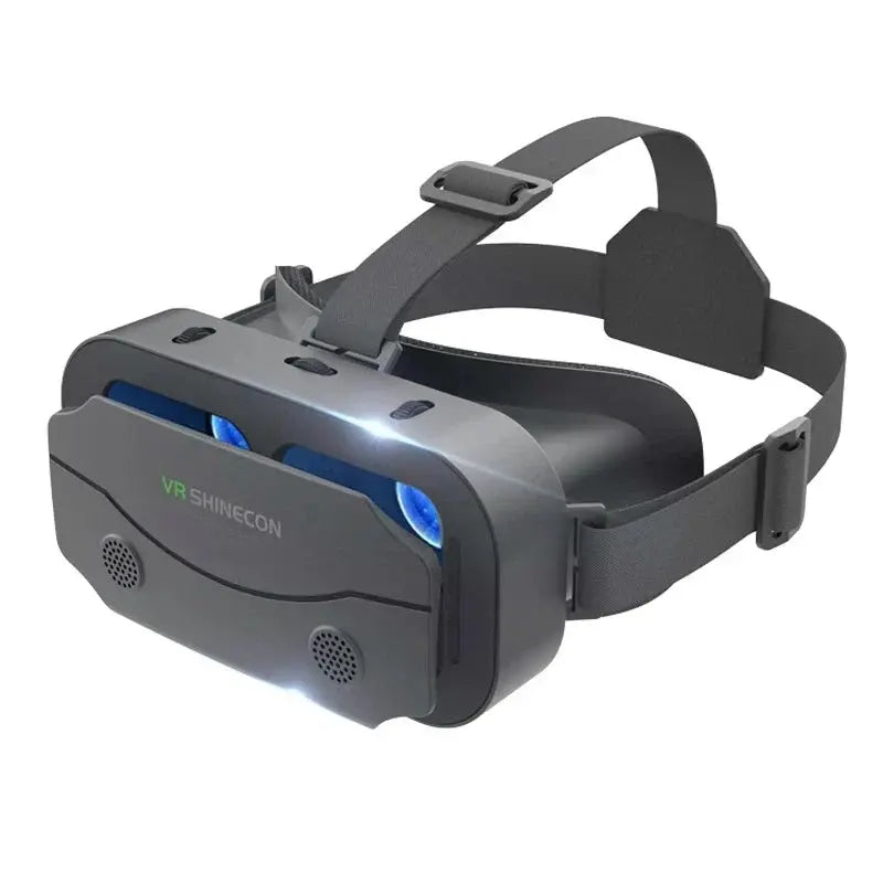 Gray VR headset with head strap and blue front lens, front unit shown in profile