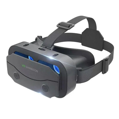 Gray VR headset with head strap and blue front lens, front unit shown in profile