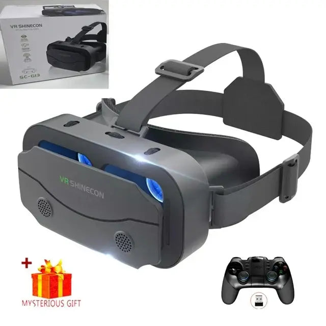 Gray 3D VR headset with head strap and blue front lens, front speaker vent holes