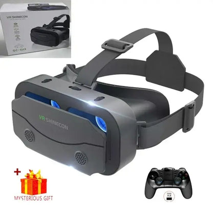 Gray 3D VR headset with head strap and blue front lens, front speaker vent holes