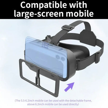 Gray VR headset with detachable frame holding a smartphone in front, head strap attached