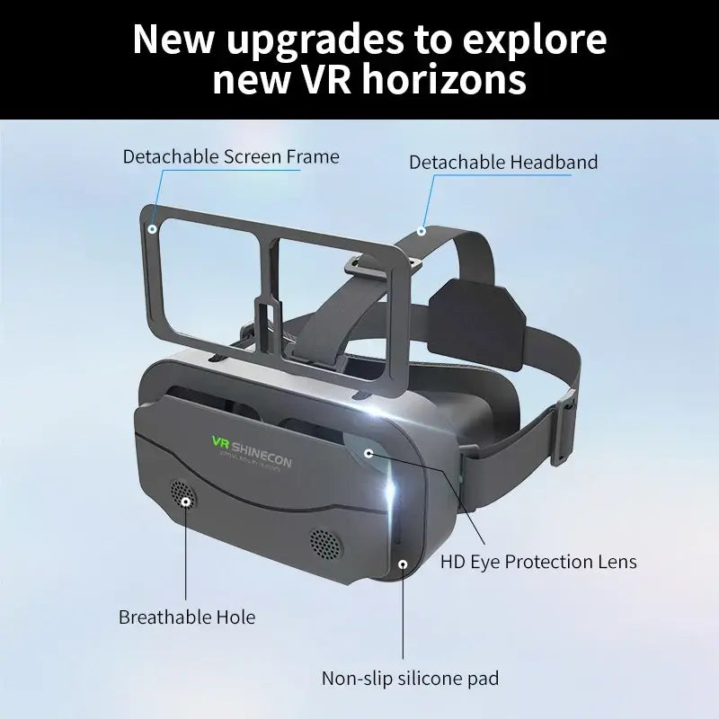 Gray VR headset with detachable screen frame, non-slip pad, and breathable vent holes