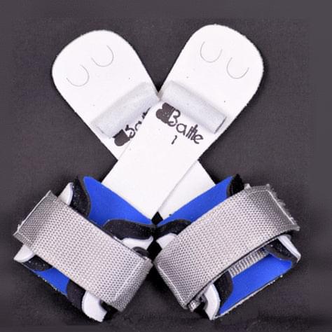 Dowel grip rings pair with white U grips, blue backing, and gray hook-and-loop straps
