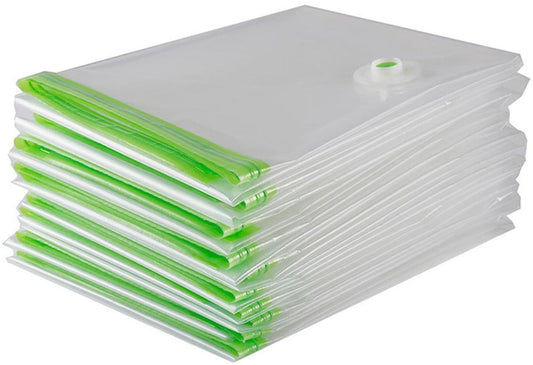 Vacuum storage bags, clear plastic with green seals and valve, 4-pack stacked