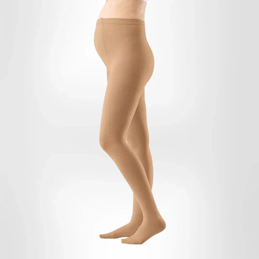 Maternity micro compression stockings, closed toe, caramel, full-leg view