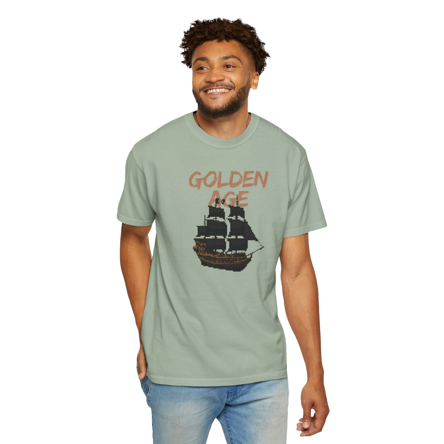 Golden Age Retro Pixel Art Pirate Ship Graphic Tee | Unisex Comfort Colors 1717  Designed By Aprasi