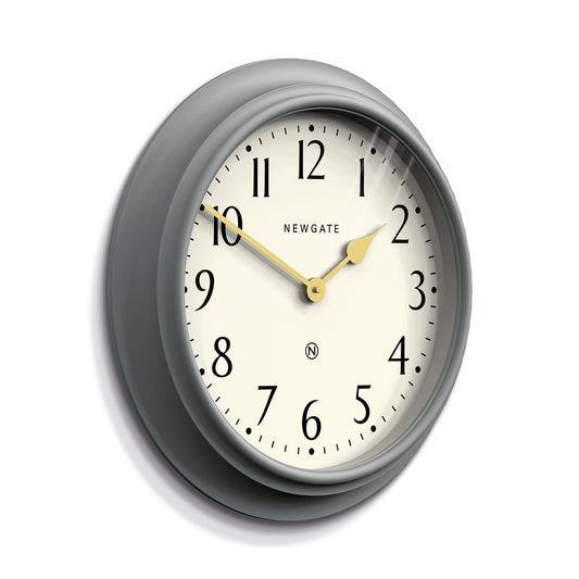 Grey wall clock tilted view, white dial with gold hands and numerals