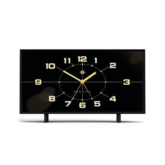 Newgate alarm clock, black case, gold reverse-style dial with twin hands and numbers