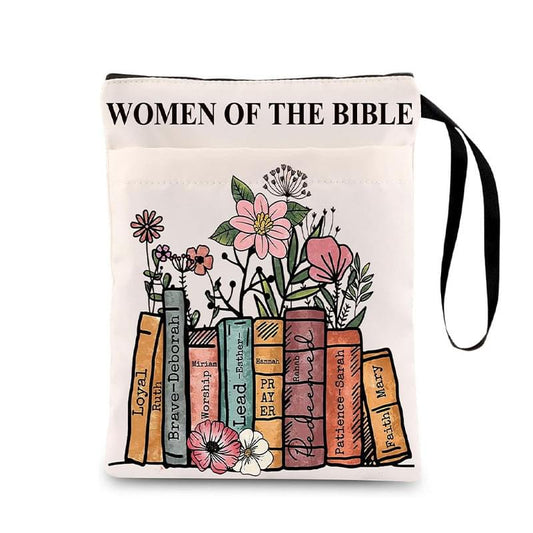 Zippered book sleeve with floral print and Bible-book design, plus carry strap