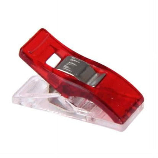Sewing craft binding clip, red translucent body, clear jaw, silver metal hinge
