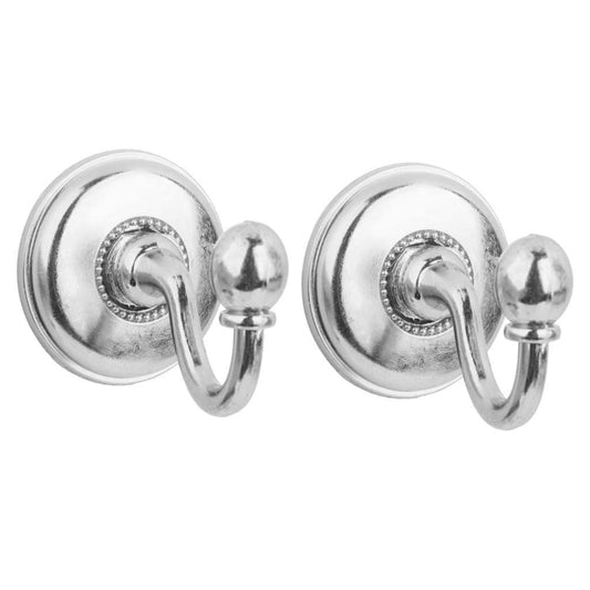 Silver metal curtain holdback hooks with round wall plates and ball finials