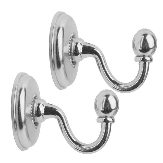 Pair of silver curtain tie back hooks with curved arms and ball-tipped finials
