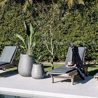 Waddle plant pots, grey large pot and smaller matching pot with patio greenery