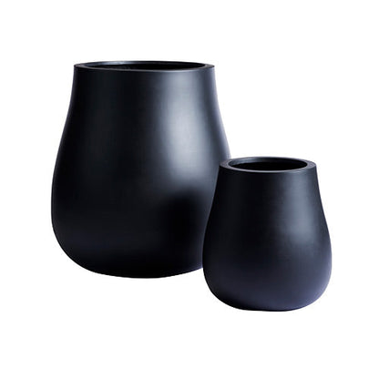 Two dark matte planter pots with wide rim and rounded bodies, set of 2.