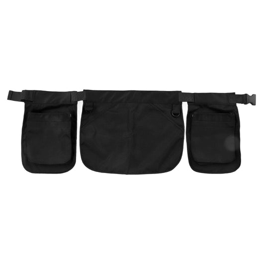 Black multi-pocket waist belt bag with adjustable strap and three front pockets