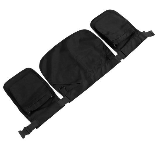 Black multi-pocket waist belt bag shown at an angled view with side and front pockets